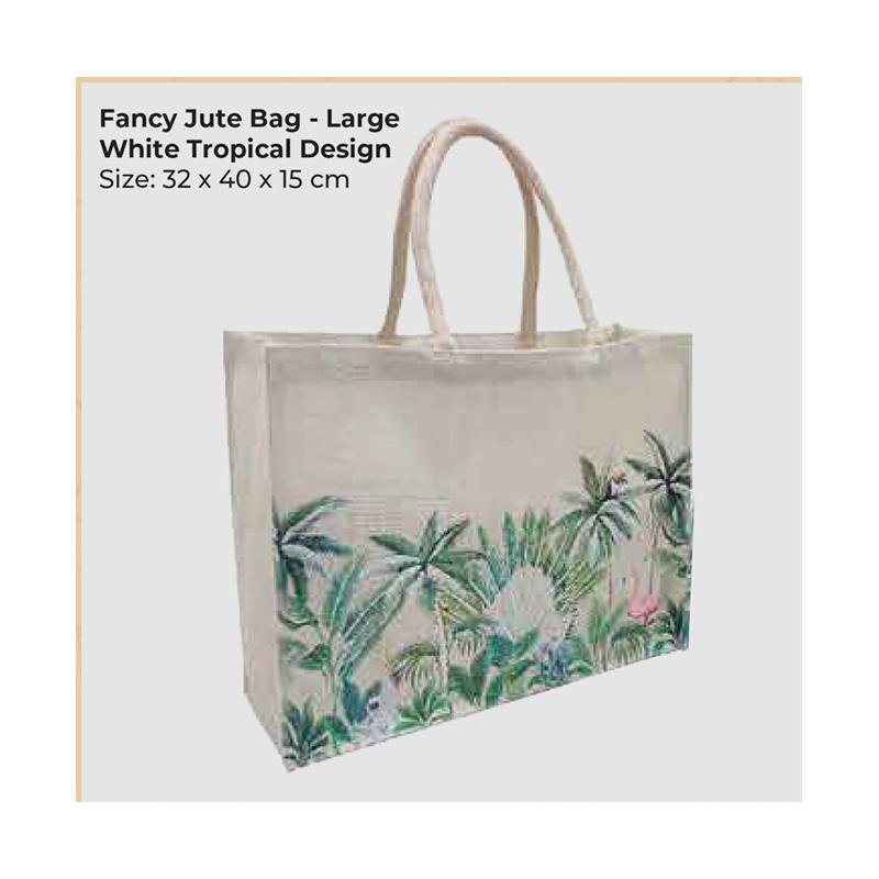 Fancy Jute Bag - Large White Tropical Design